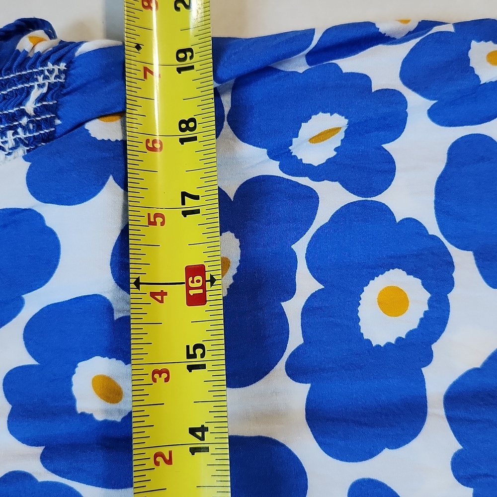 Blossoms Ruffled Sleeve Rayon Blue Gold Blouse - Medium - Picture 7 of 8